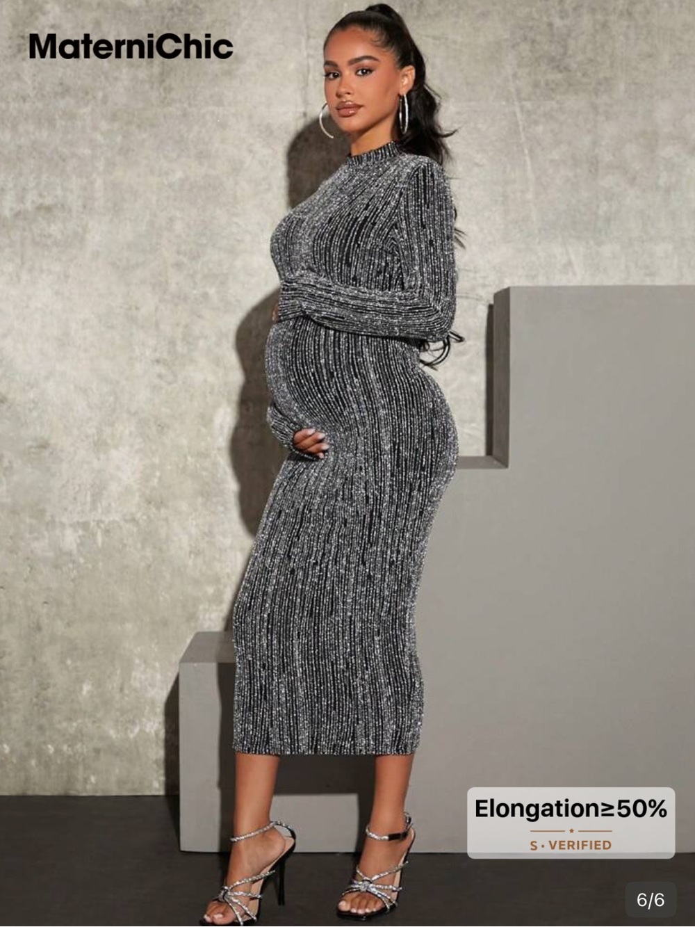 SHEIN Maternity Ribbed Metallic Knit Bodycon Midi Dress - Black & Silver